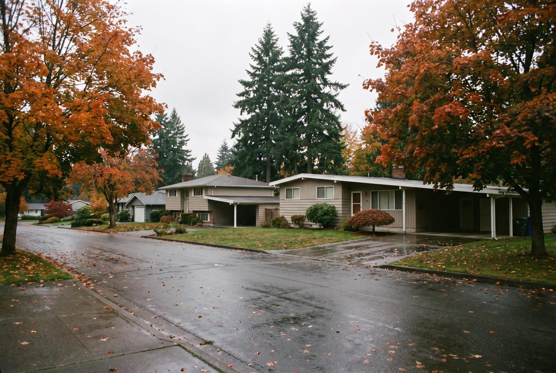 A quiet street of 1960s ramblers and split-level houses with carports, maples in autumn color along wet pavement