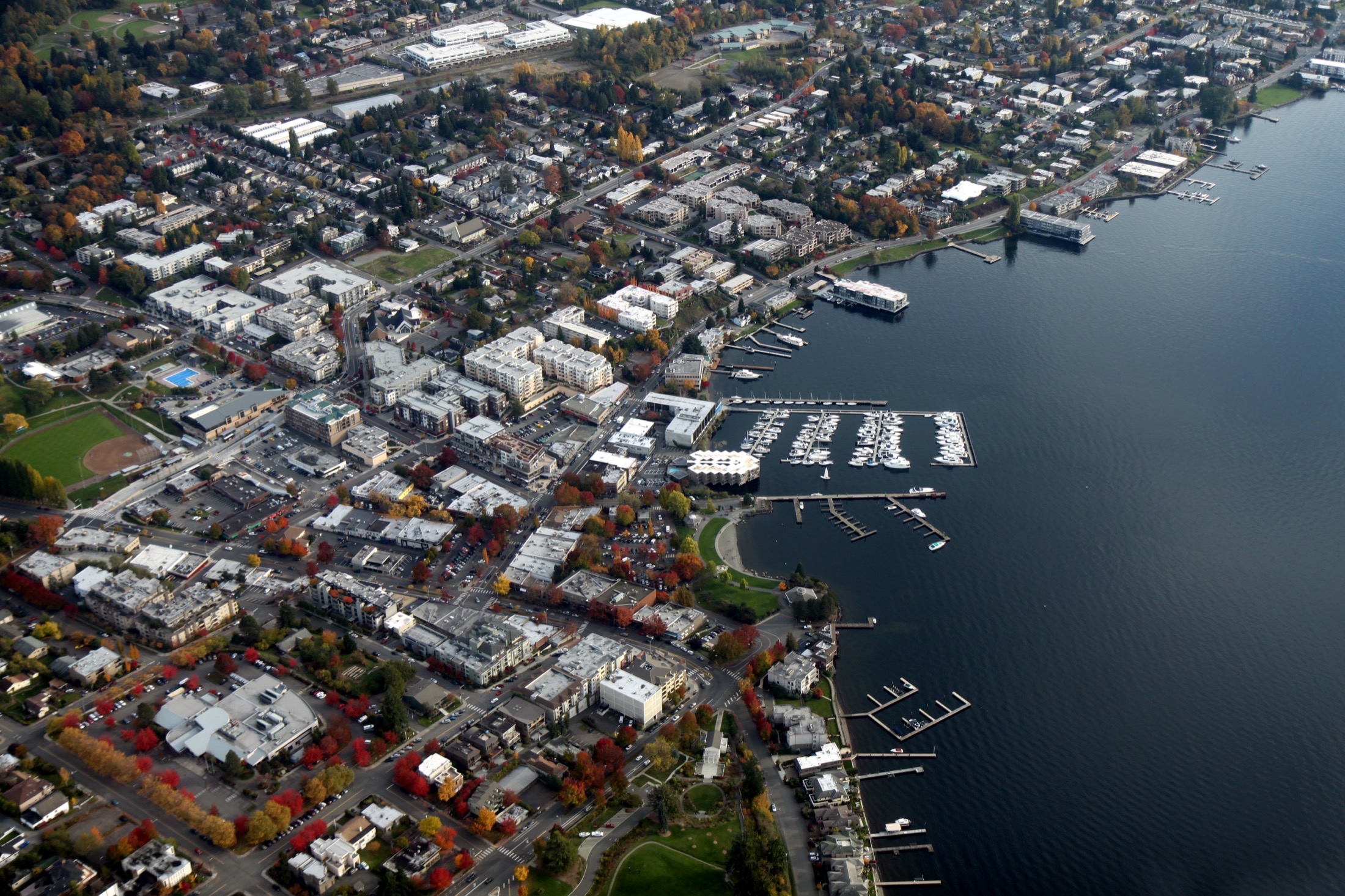 Aerial view of the downtown waterfront area of Kirkland on Lake Washington.