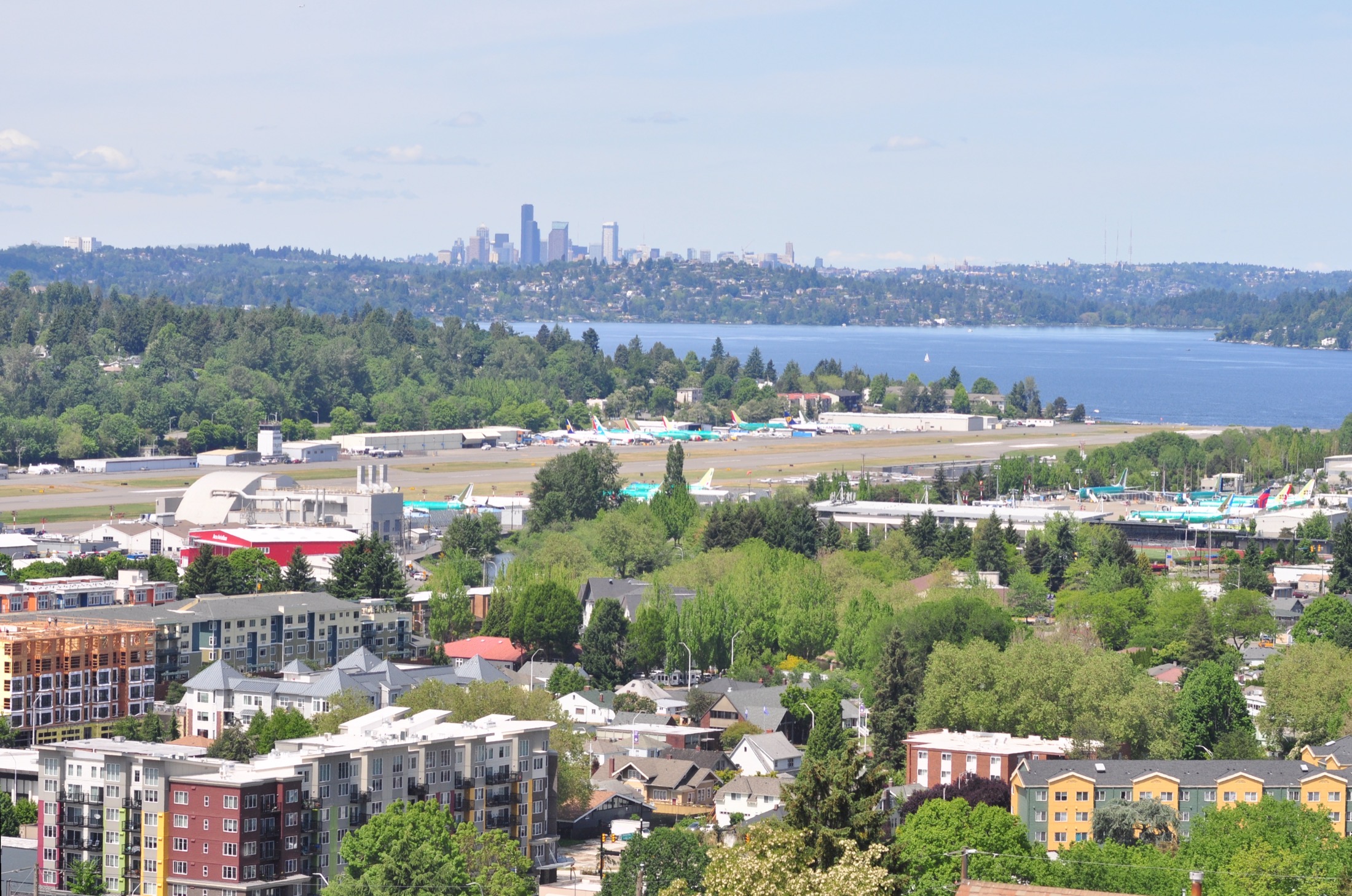 Renton Municipal Airport and, across Lake Washington, the Seattle skyline, seen from Renton Hill.